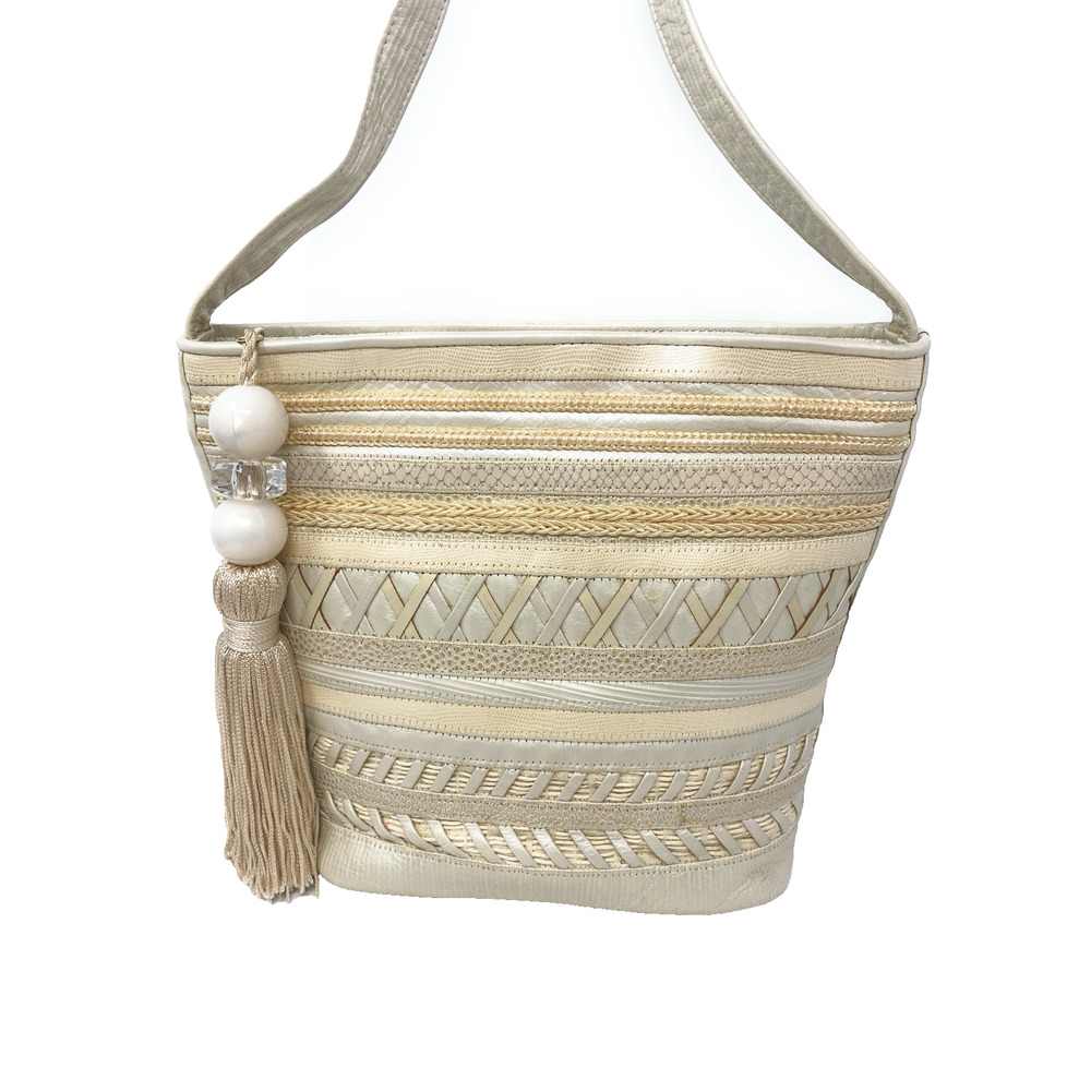 Sharif Shoulder Bag Beige Leather Crossbody Strap Pearlized Tassel Zipper